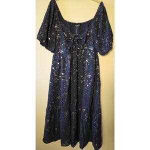 Bloomchic Womens Size 18-20 Blue Starry Puff Sleeve Pocketed Midi Dress NWT